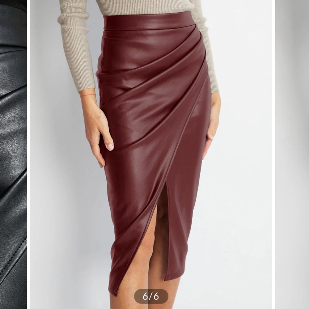 Commense Maroon Faux Leather Pencil Skirt